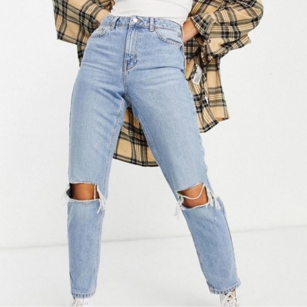 Topshop Light Blue Distressed Straight Leg Jeans